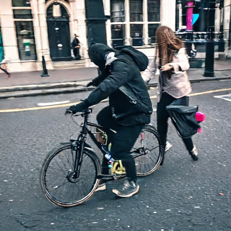 Image generated by Stable Diffusion - Thief on bike snatching phone from walking person in London, photography, two people, 4k, 8k